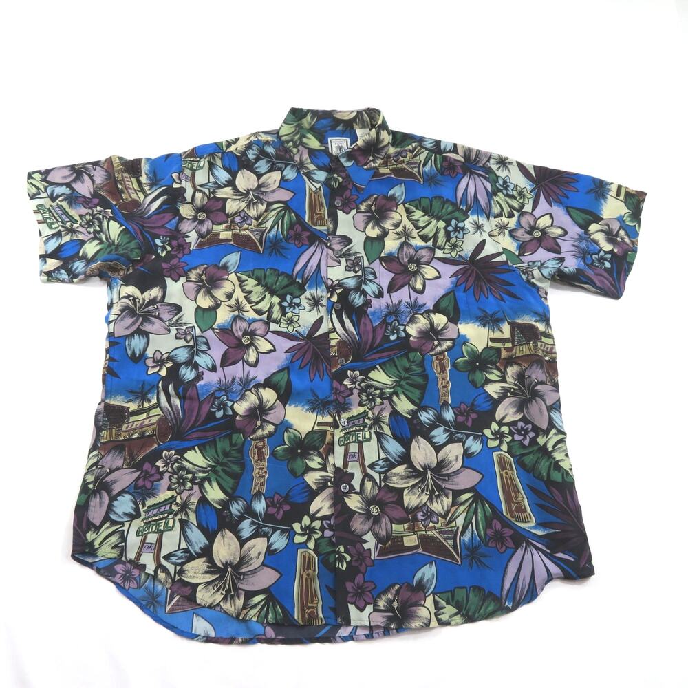 Roundtree and Yorke Silk Shirt Abstract Leaf Floral, Purple Sz XL 1980s